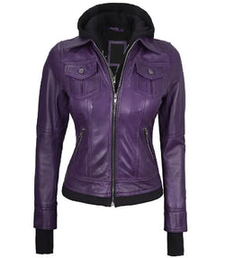 Plum Purple Hooded Leather Bomber Jacket View 3