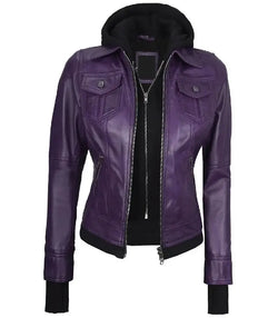 Plum Purple Hooded Leather Bomber Jacket View 2