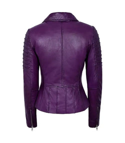Womens Purple Leather Biker Jacket View 2