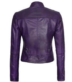 Womens Purple Leather Cafe Racer Jacket View 4