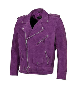 Purple Suede Leather Biker Jacket View 3