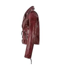 Red Crocodile-Embossed Leather Biker Jacket View 4