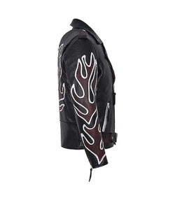 Red Flame Black Leather Biker Jacket View 5