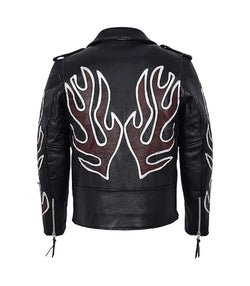 Red Flame Black Leather Biker Jacket View 2