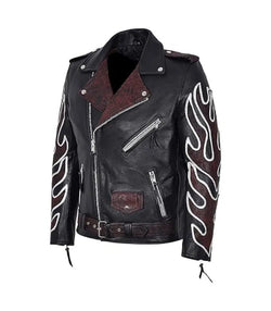 Red Flame Black Leather Biker Jacket View 4