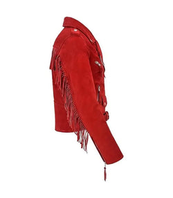 Red Fringe Suede Leather Biker Jacket View 4