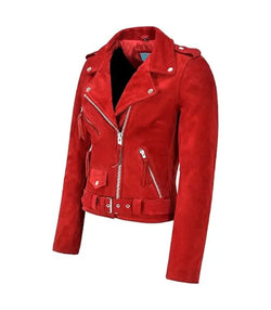 Red Suede Leather Biker Jacket View 2