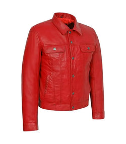 Red Leather Trucker Jacket View 3
