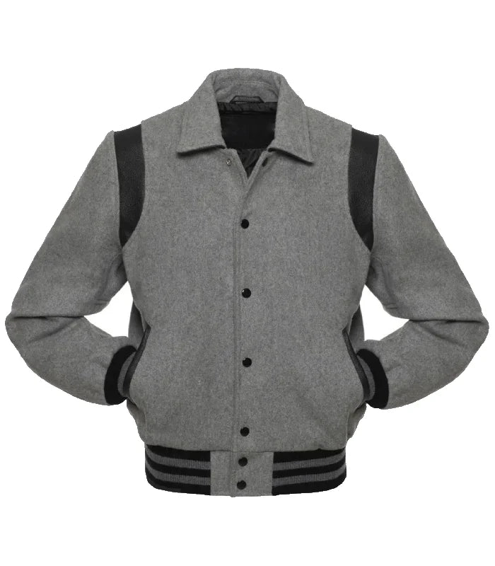 Retro Grey Wool Black Leather Letter Varsity Jackets