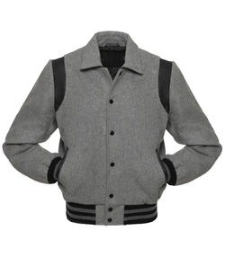 Retro Grey Wool Black Leather Letter Varsity Jackets View 1