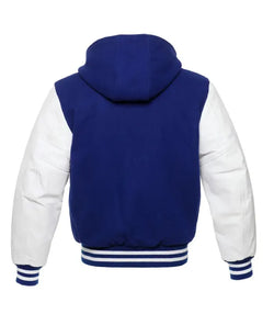 Royal Blue and White Hooded Varsity Jacket View 2