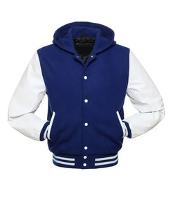 Royal Blue and White Hooded Varsity Jacket View 3