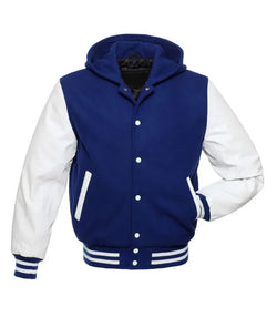 Royal Blue and White Hooded Varsity Jacket View 1