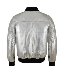 Silver Leather Bomber Jacket View 2