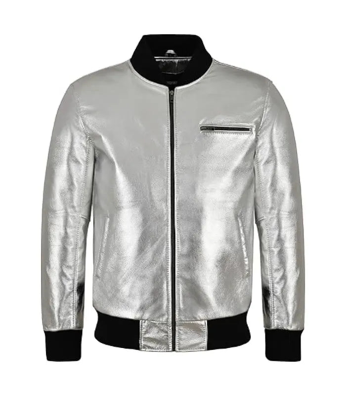 Silver Leather Bomber Jacket