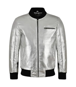 Silver Leather Bomber Jacket View 1