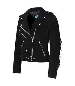 Black Fringe Suede Leather Biker Jacket View 2