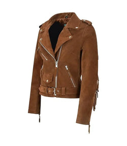 Brown Fringe Suede Leather Biker Jacket View 3