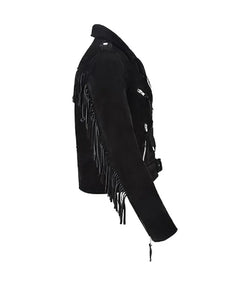 Black Fringe Suede Leather Biker Jacket View 4