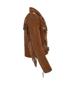 Brown Fringe Suede Leather Biker Jacket View 4
