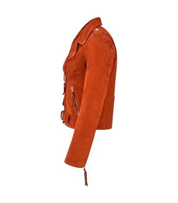 Orange Suede Leather Biker Jacket View 3