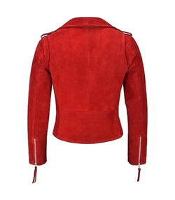 Red Suede Leather Biker Jacket View 3