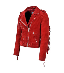 Red Fringe Suede Leather Biker Jacket View 3