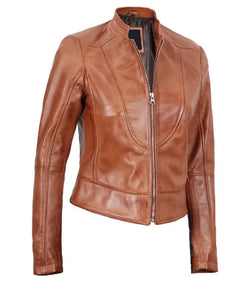 Tan Leather Cafe Racer Jacket View 3