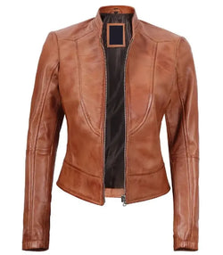 Tan Leather Cafe Racer Jacket View 2