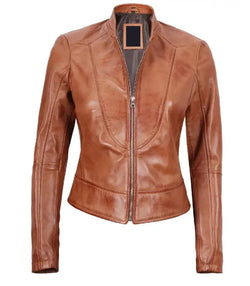 Tan Leather Cafe Racer Jacket View 1