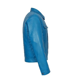 Blue Leather Trucker Jacket View 4