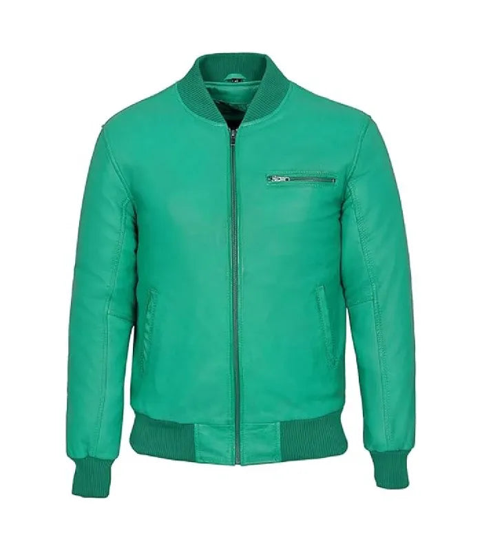 Turquoise Leather Bomber Jacket