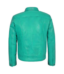Turquoise Leather Trucker Jacket View 2