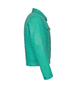 Turquoise Leather Trucker Jacket View 4
