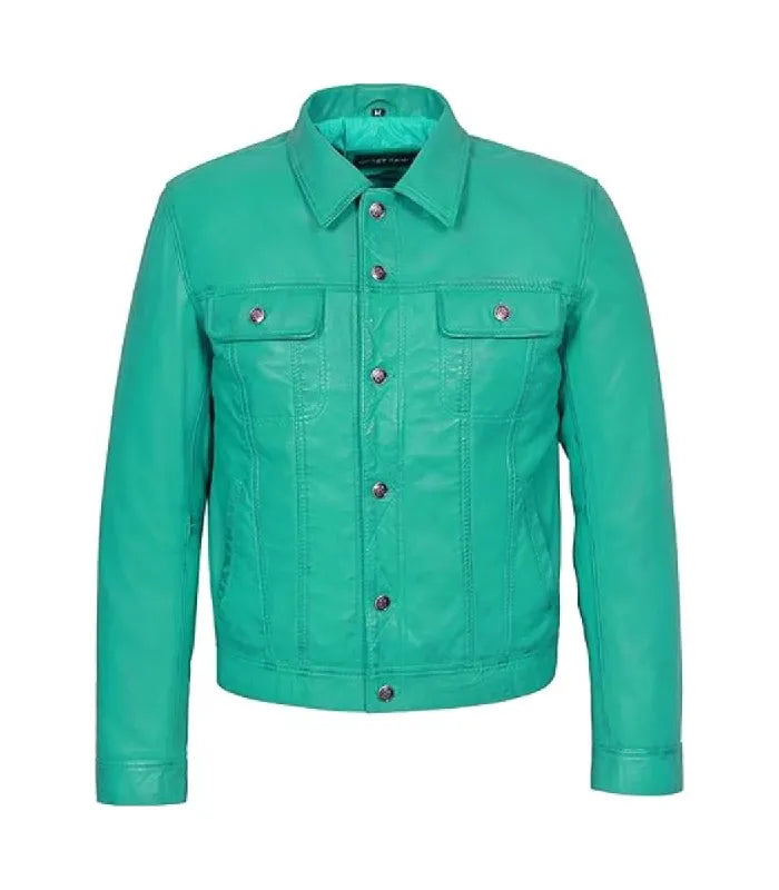 Turquoise Leather Trucker Jacket