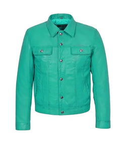 Turquoise Leather Trucker Jacket View 1