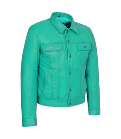 Turquoise Leather Trucker Jacket View 3
