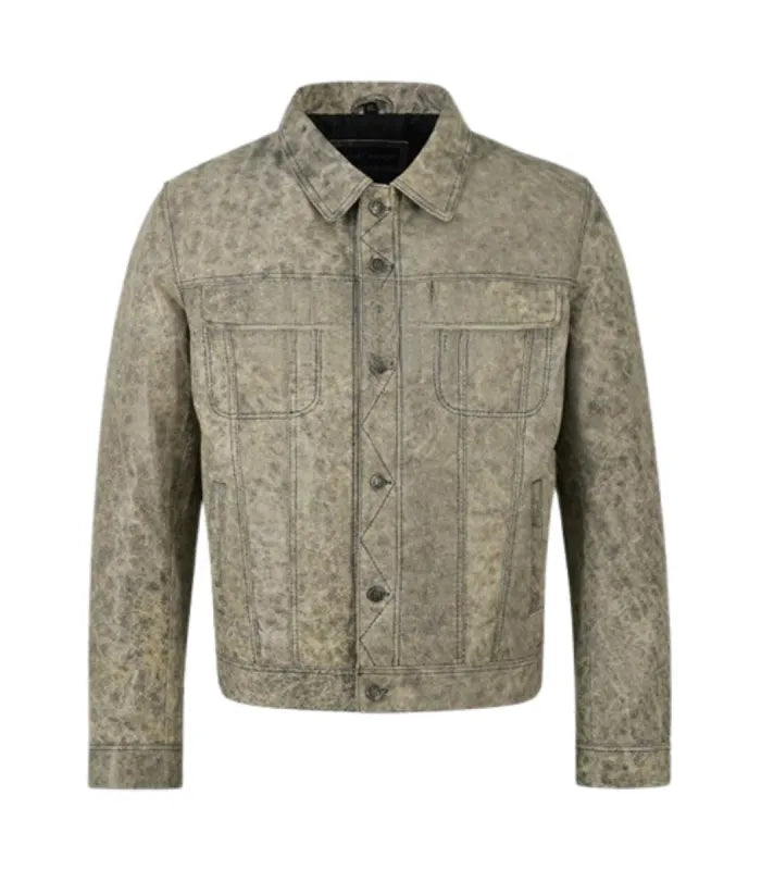 Vintage Beige Leather Trucker Jacket