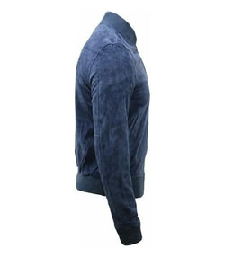 Vintage Blue Suede Leather Bomber Jacket View 4