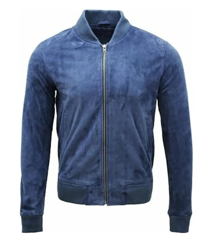 Vintage Blue Suede Leather Bomber Jacket