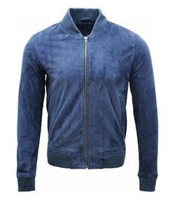 Vintage Blue Suede Leather Bomber Jacket View 1