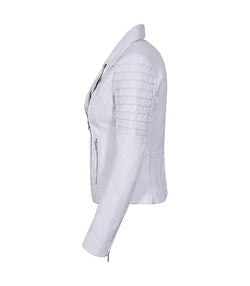 White Leather Biker Jacket View 4