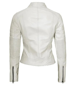 Women Cafe Racer White Leather Jacket View 4