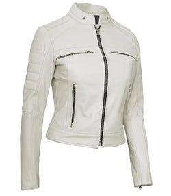 Women Cafe Racer White Leather Jacket View 3
