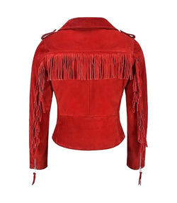 Red Fringe Suede Leather Biker Jacket View 2
