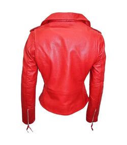 Womens Brando Red Leather Biker Jacket View 2