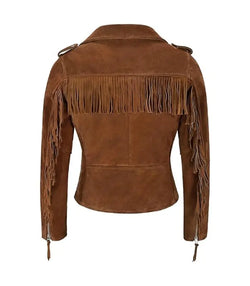 Brown Fringe Suede Leather Biker Jacket View 2