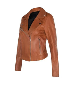 Womens Classic Tan Biker Leather Jacket View 3