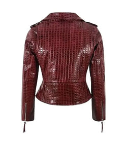 Red Crocodile-Embossed Leather Biker Jacket View 2