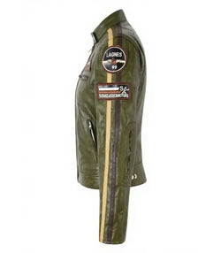 Womens Olive Classic Leather Moto Jacket View 4